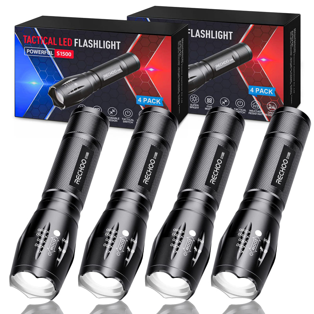 RECHOO S1500 tactical flashlight in angled-front view shows compact, rugged daily carry.
