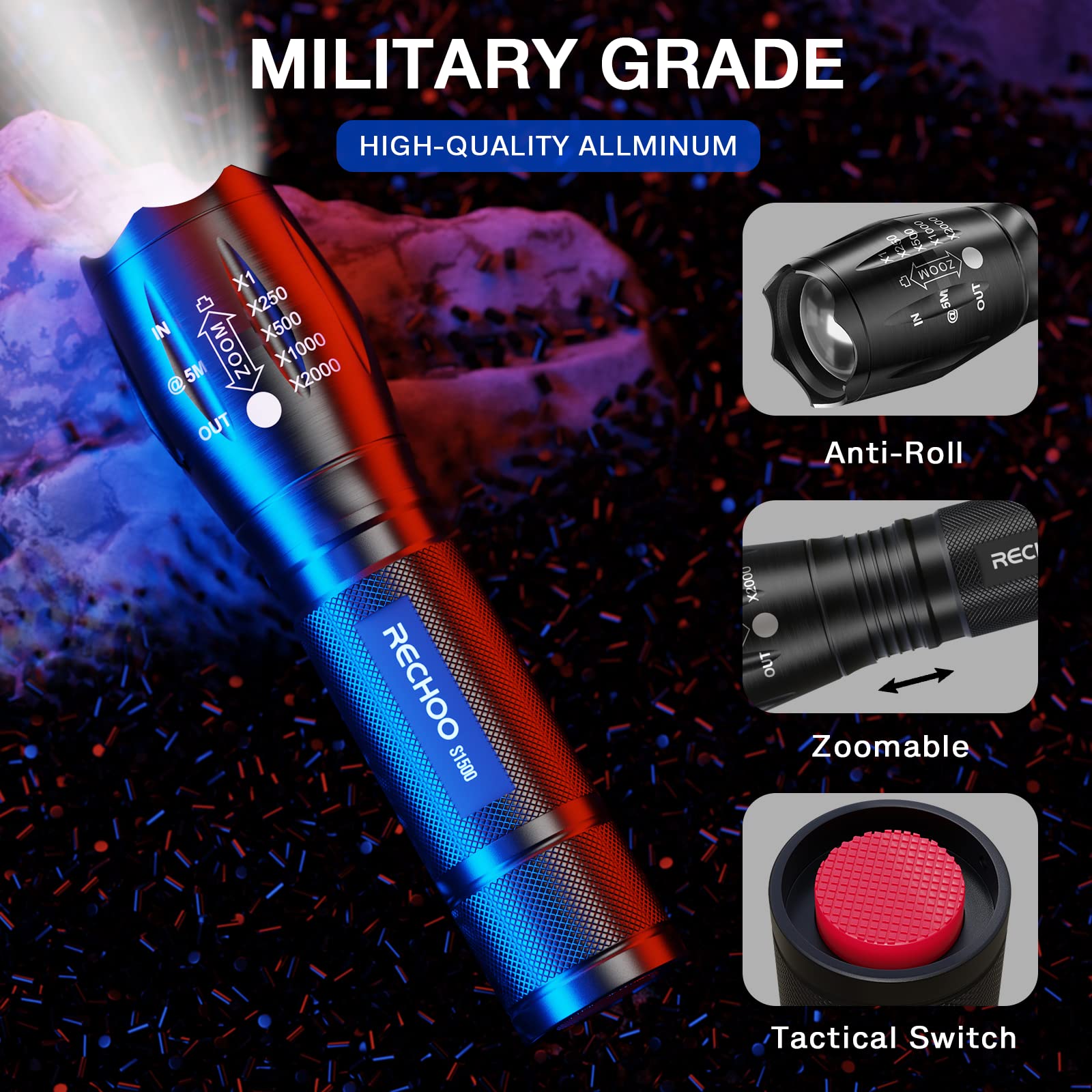 RECHOO S1500 beam in darkness highlights bright output for emergencies.