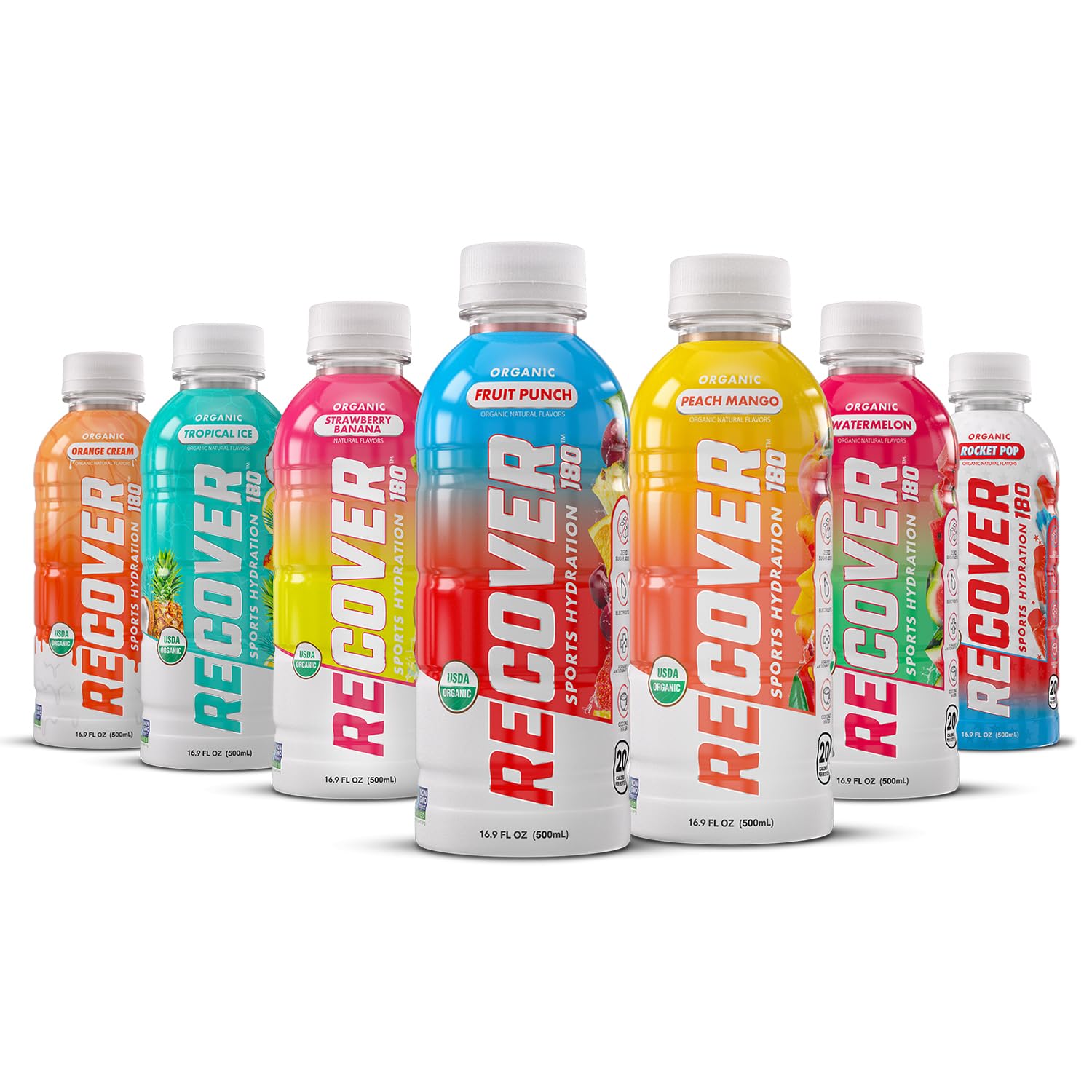 RECOVER 180 front view bottle for on-the-go organic hydration.