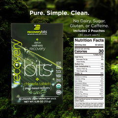 RecoveryBits chlorella tablets in bottle ready for post-workout recovery