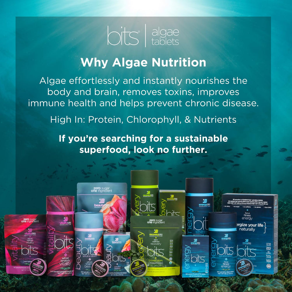 RecoveryBits chlorella tablets pack closeup suggesting detox and recovery potential
