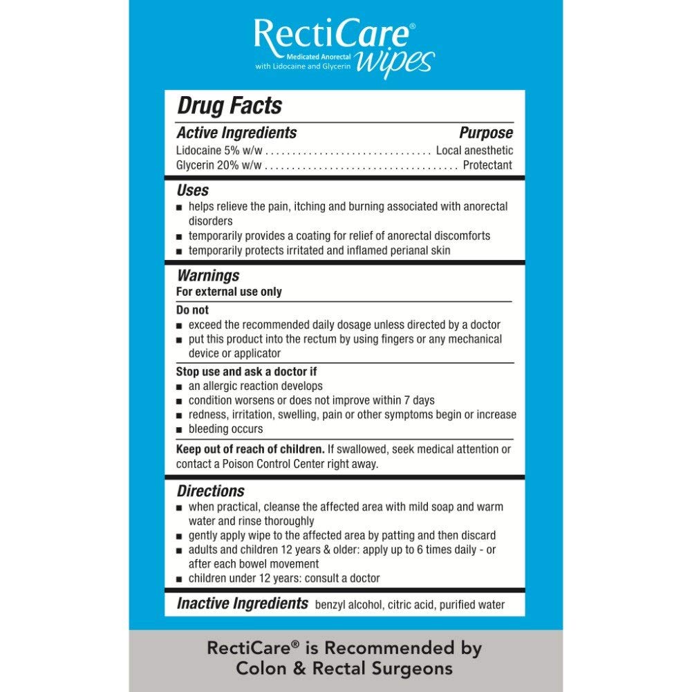 RectiCare wipes label highlighting 5% lidocaine for numbing.