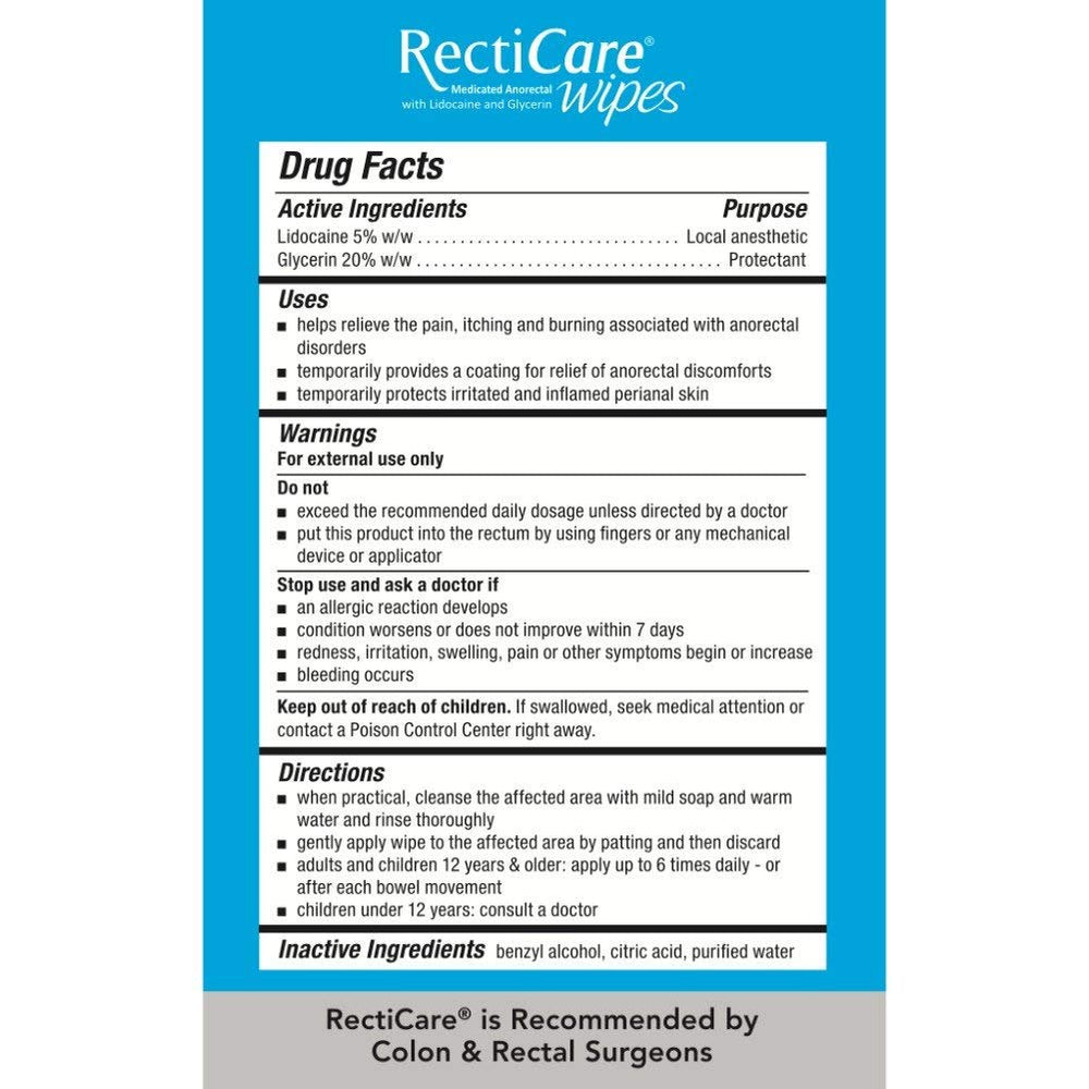 RectiCare wipes label highlighting 5% lidocaine for numbing.