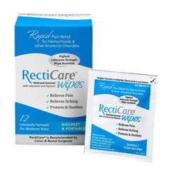 RectiCare medicated anorectal wipes packaging for discreet relief.