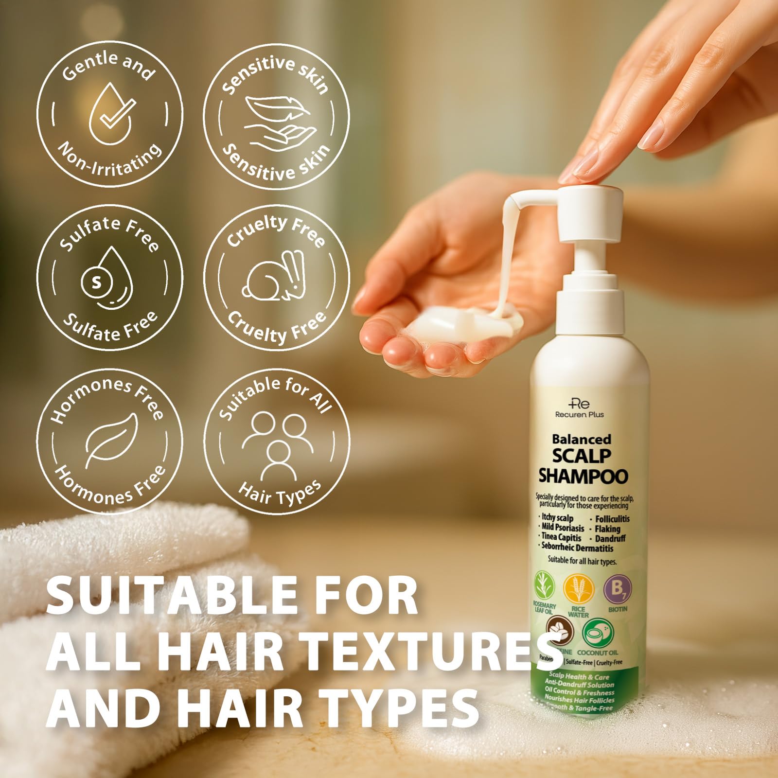 Recuren Plus shampoo bottle close up highlighting nourishing formula for dry scalp relief
