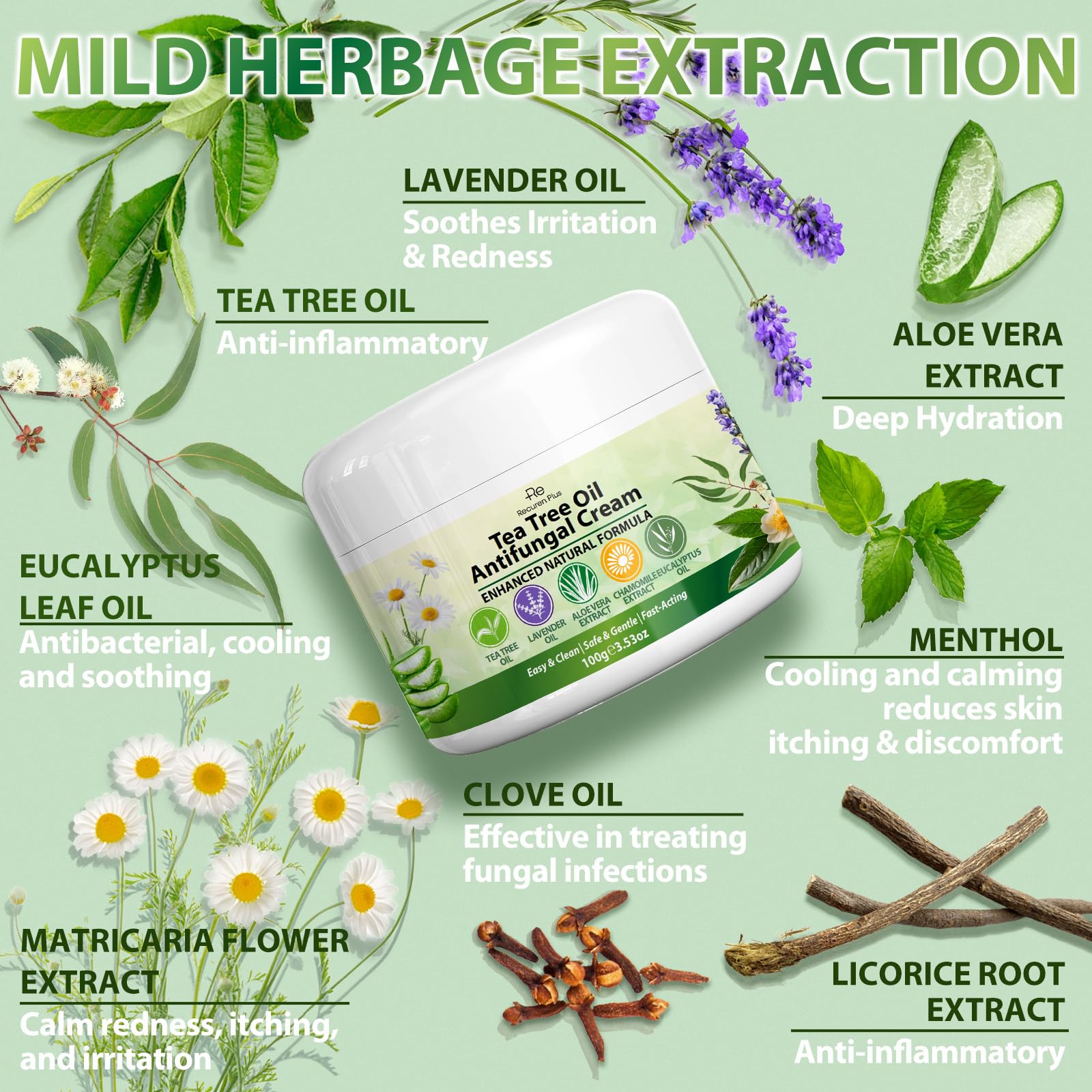 Recuren Plus ingredients image; tea tree oil and aloe for calming skin.