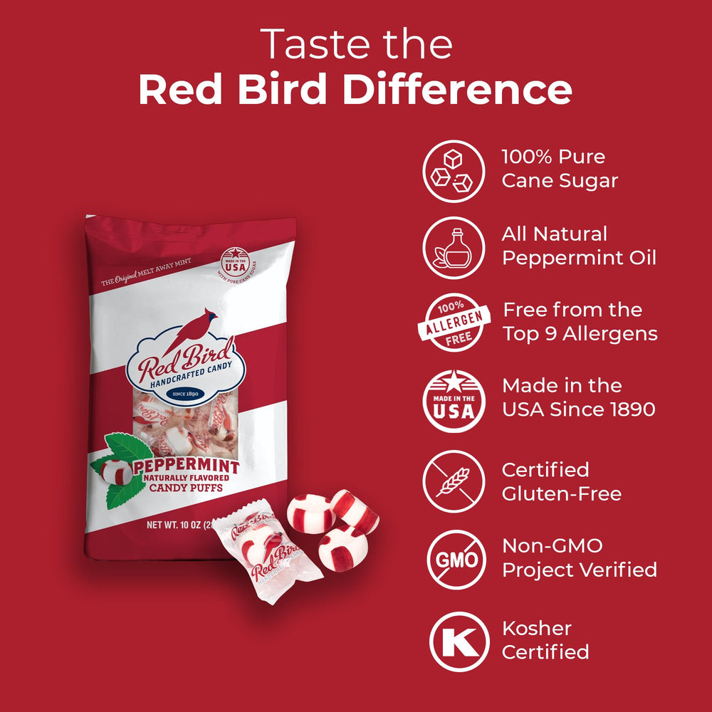 Red Bird peppermint candy features pure cane sugar and peppermint oil for flavor.