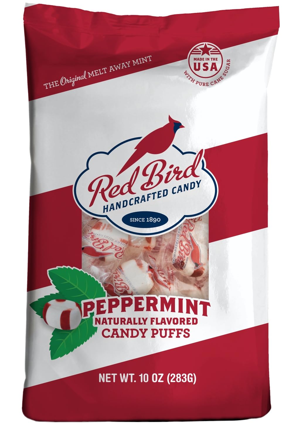 Red Bird soft peppermint candy bag showing melt-away puffs for after-dinner refreshment.