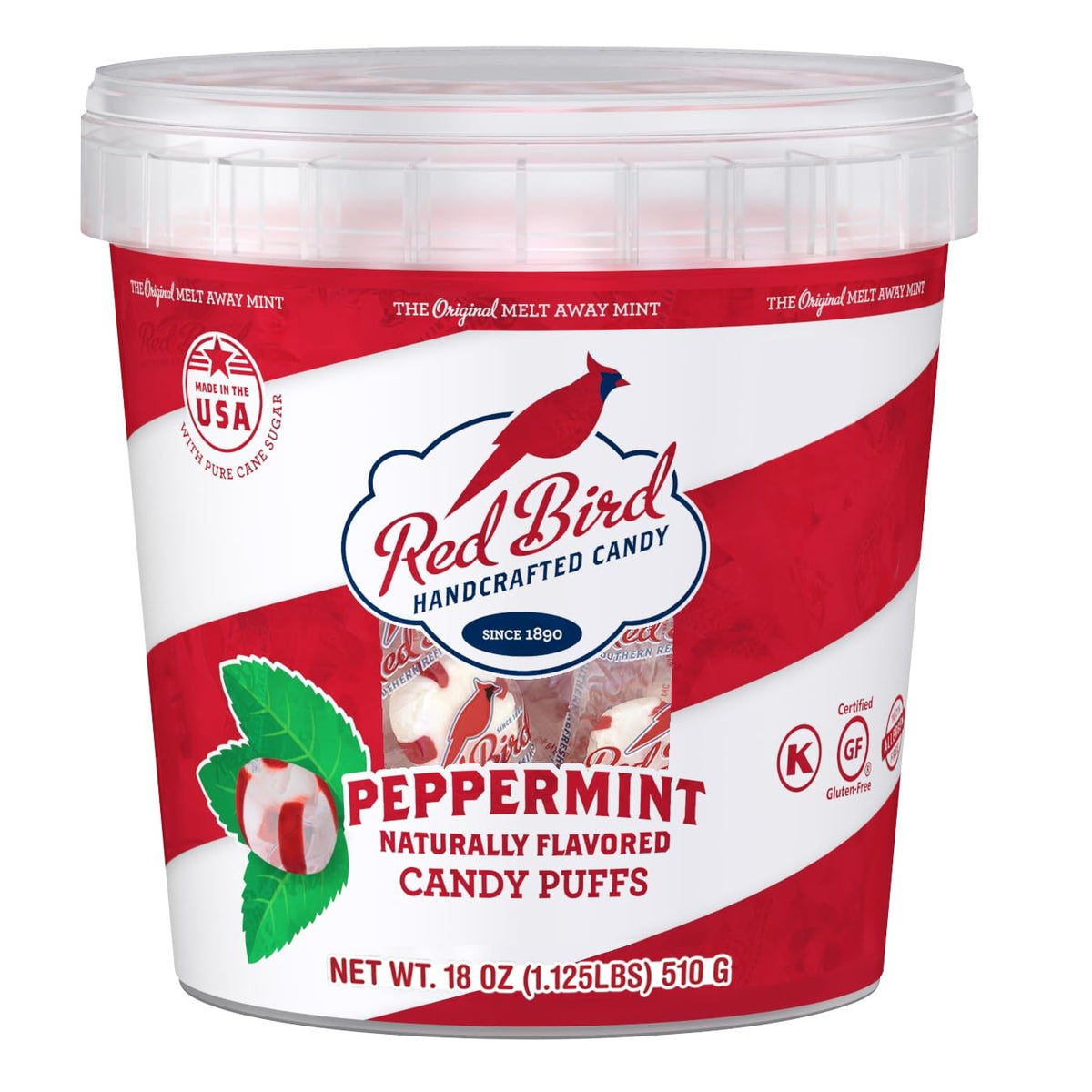 Red Bird soft peppermint candies in 18 oz tub front view for freshness