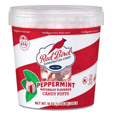 Red Bird soft peppermint candies in 18 oz tub front view for freshness