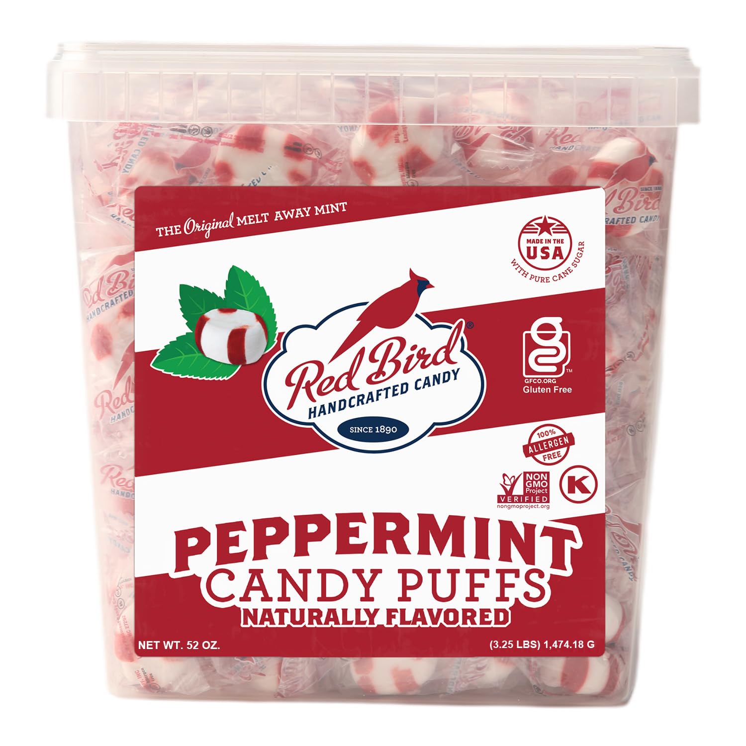 Red Bird Soft Peppermint Puffs tub—refreshing after-dinner mint.