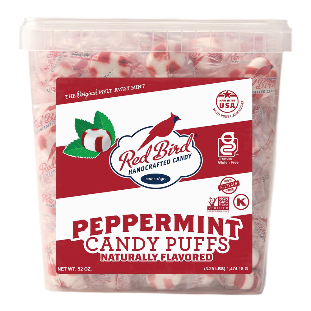 Red Bird Soft Peppermint Puffs tub—refreshing after-dinner mint.