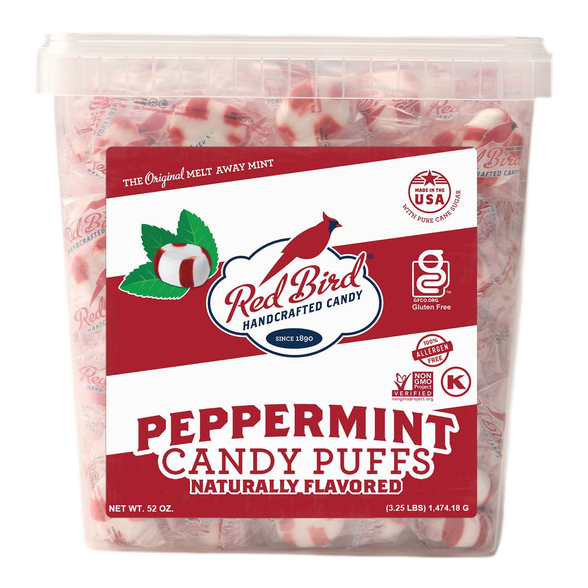 Red Bird Soft Peppermint Puffs tub—refreshing after-dinner mint.