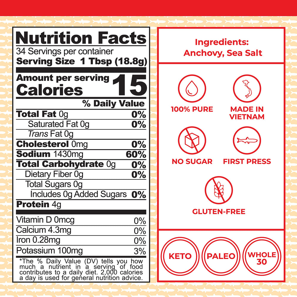 Red Boat label with Phu Quoc anchovies highlights two-ingredient formula.