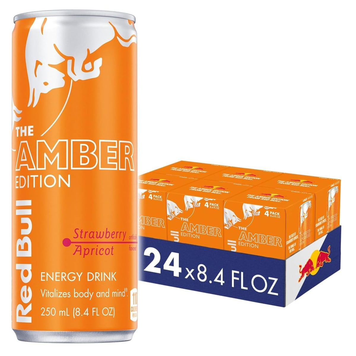 Red Bull Amber Edition can with strawberry apricot flavor and peach hint, boost for focus.