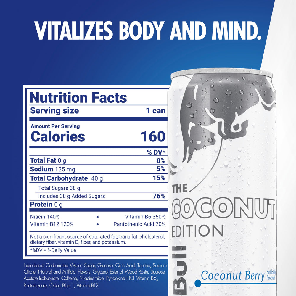 Red Bull Coconut Edition can pour into glass, ideal for quick focus during tasks