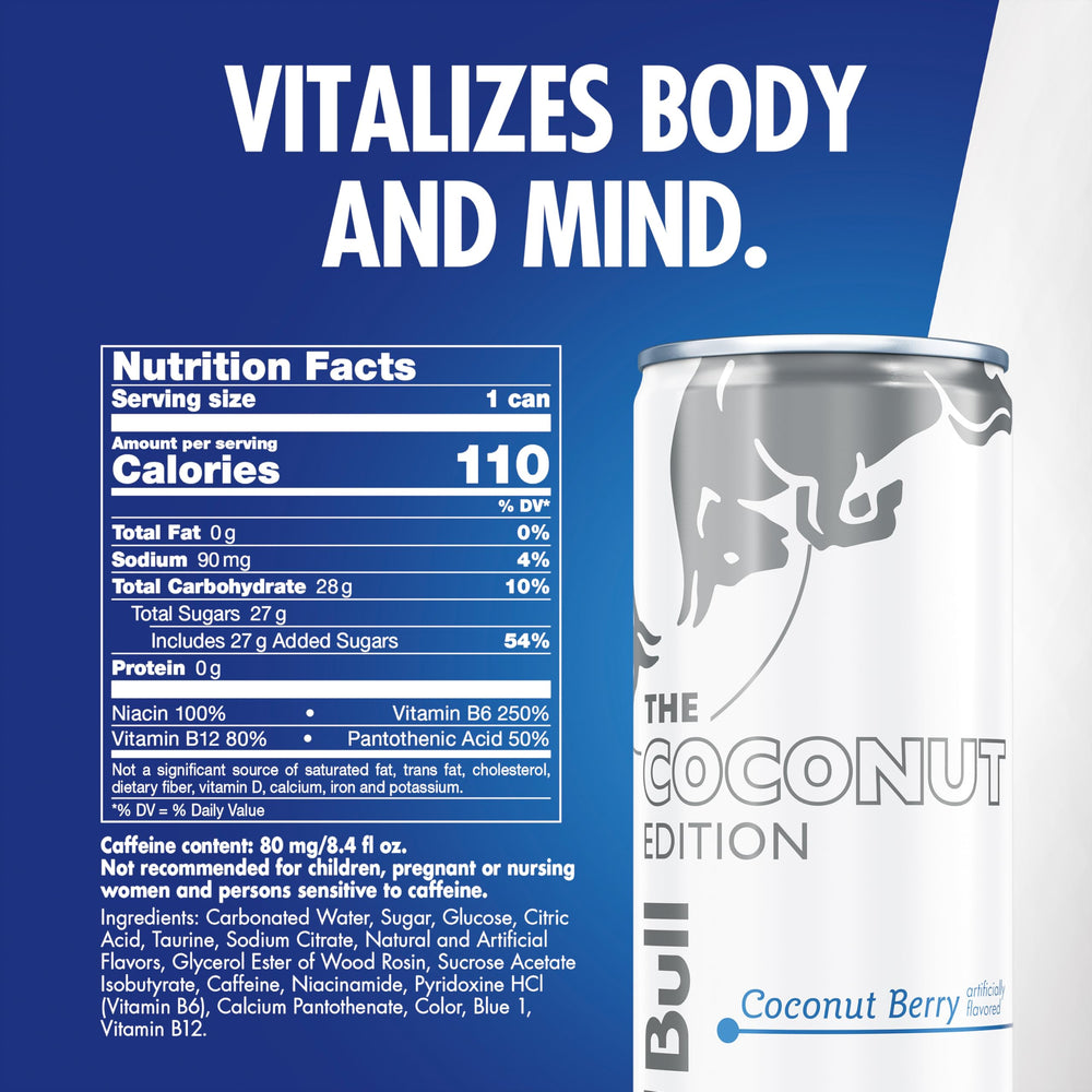 Red Bull Coconut Edition can side view ideal for travel and on-the-go energy.