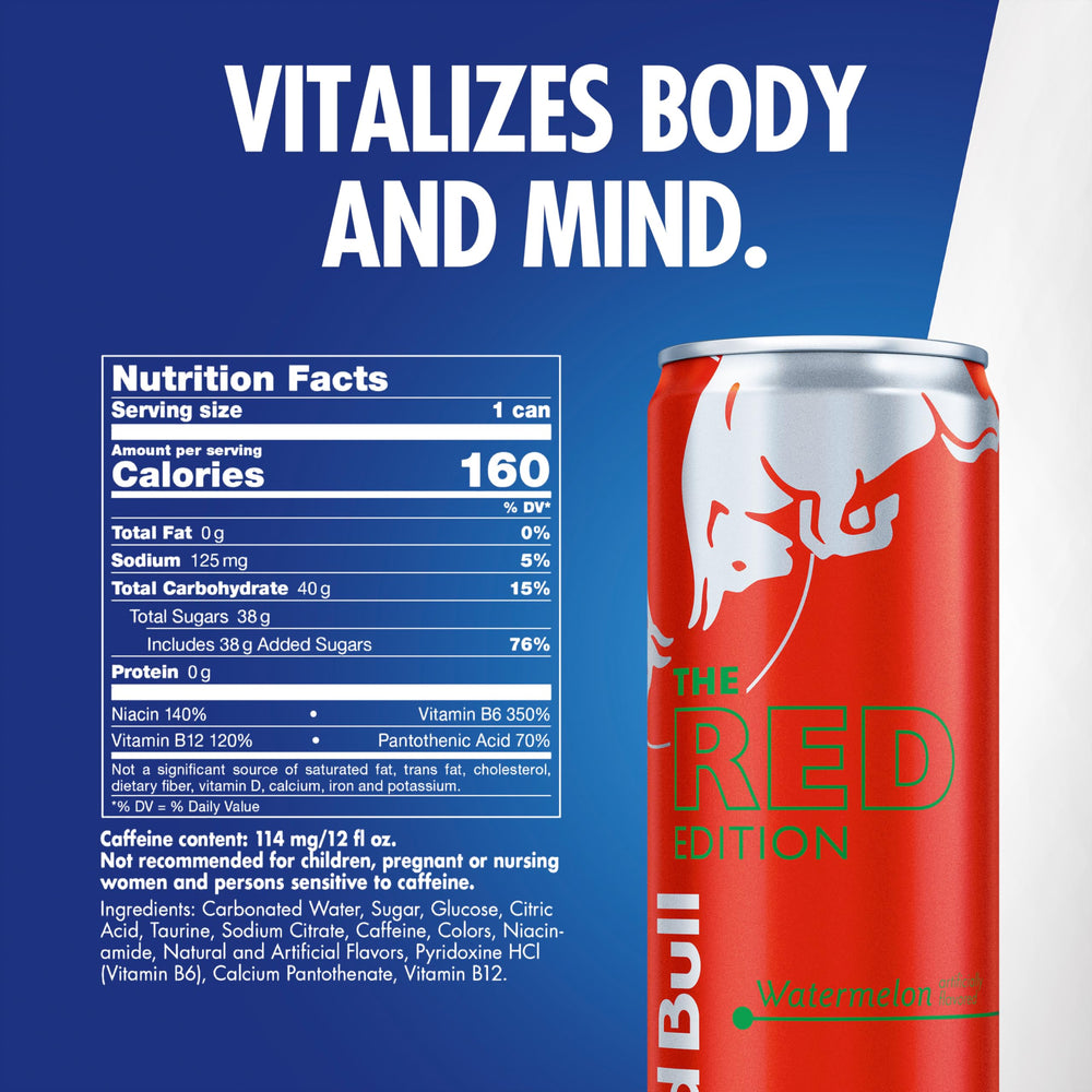 Red Bull energy boost graphic highlights caffeine and taurine for alertness