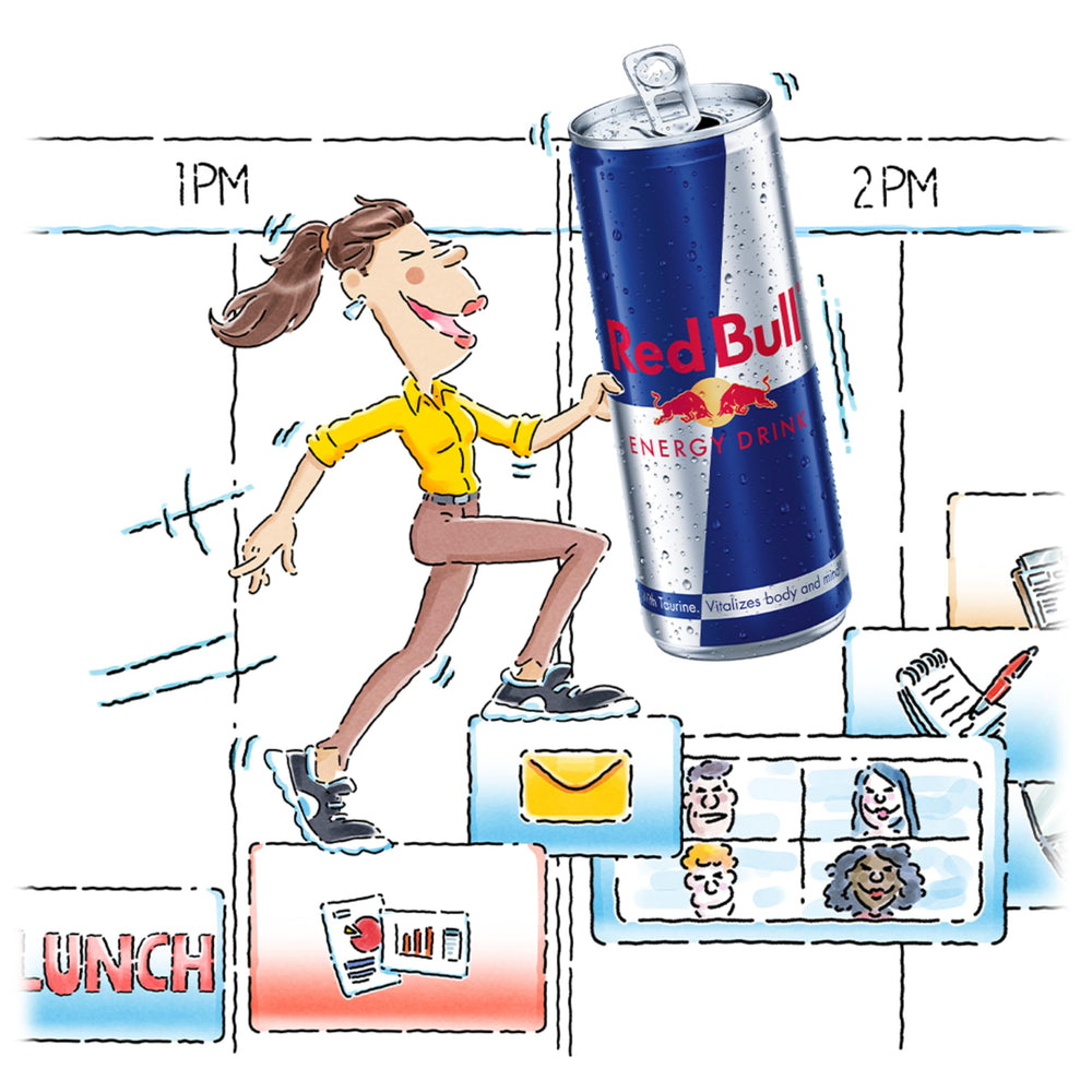 Red Bull vitamin-enriched can detailing B3/B6/B12/B5 for metabolism support.