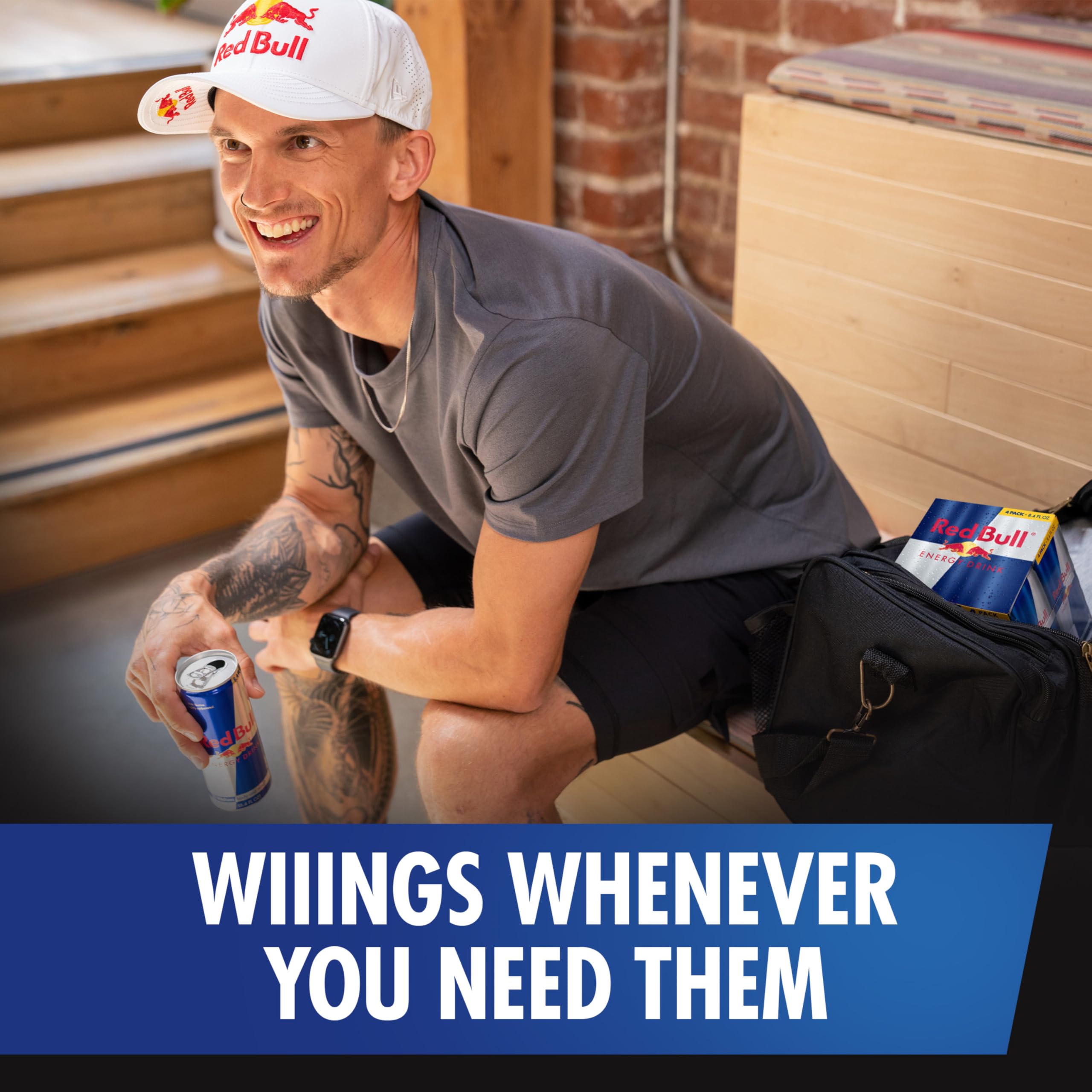 Red Bull 20oz can iced view promotes refreshment during workouts.