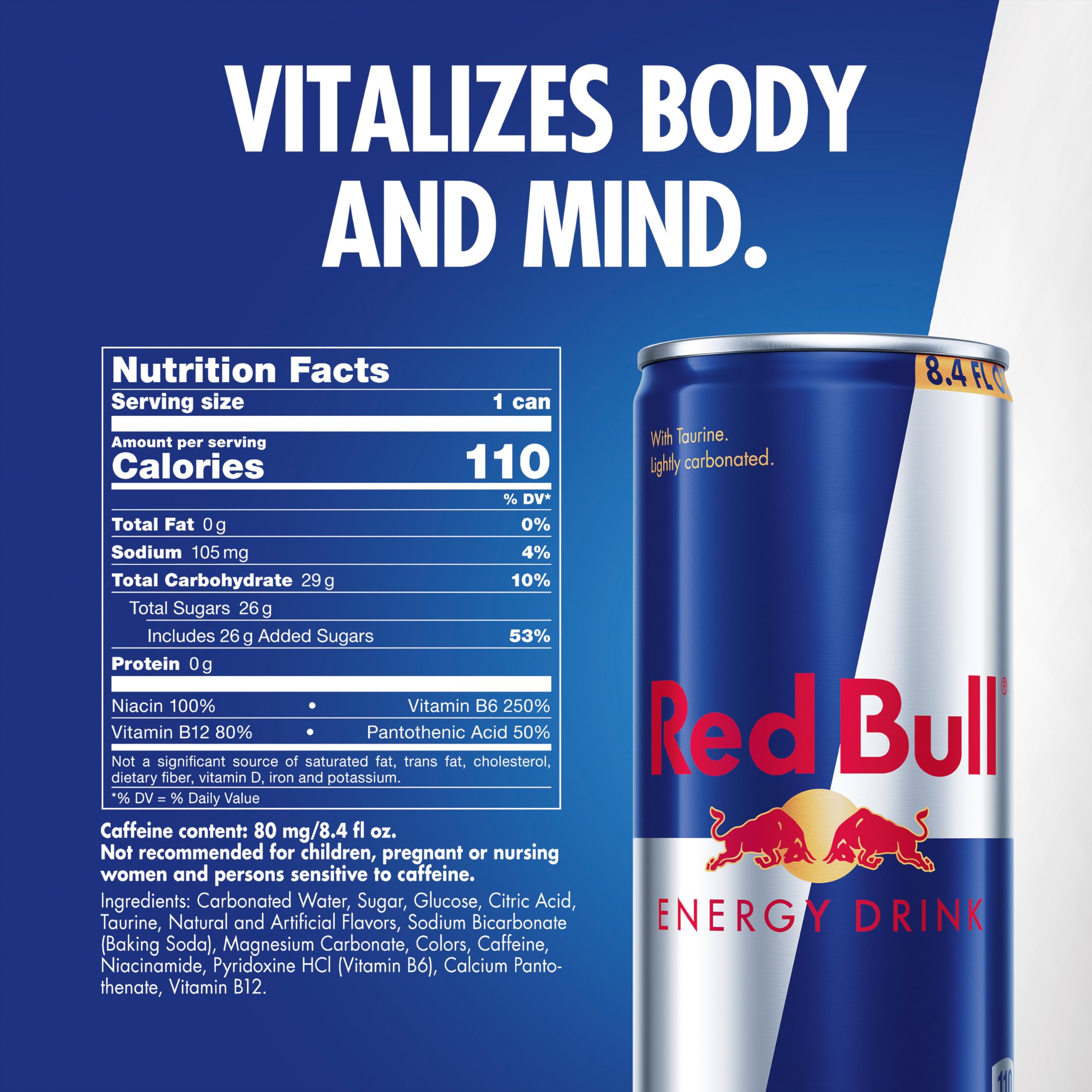 Red Bull energy drink 80mg caffeine can helps you stay alert during study or workouts.