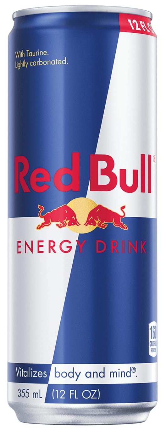 Red Bull energy drink can close-up label focusing on caffeine content for focus.