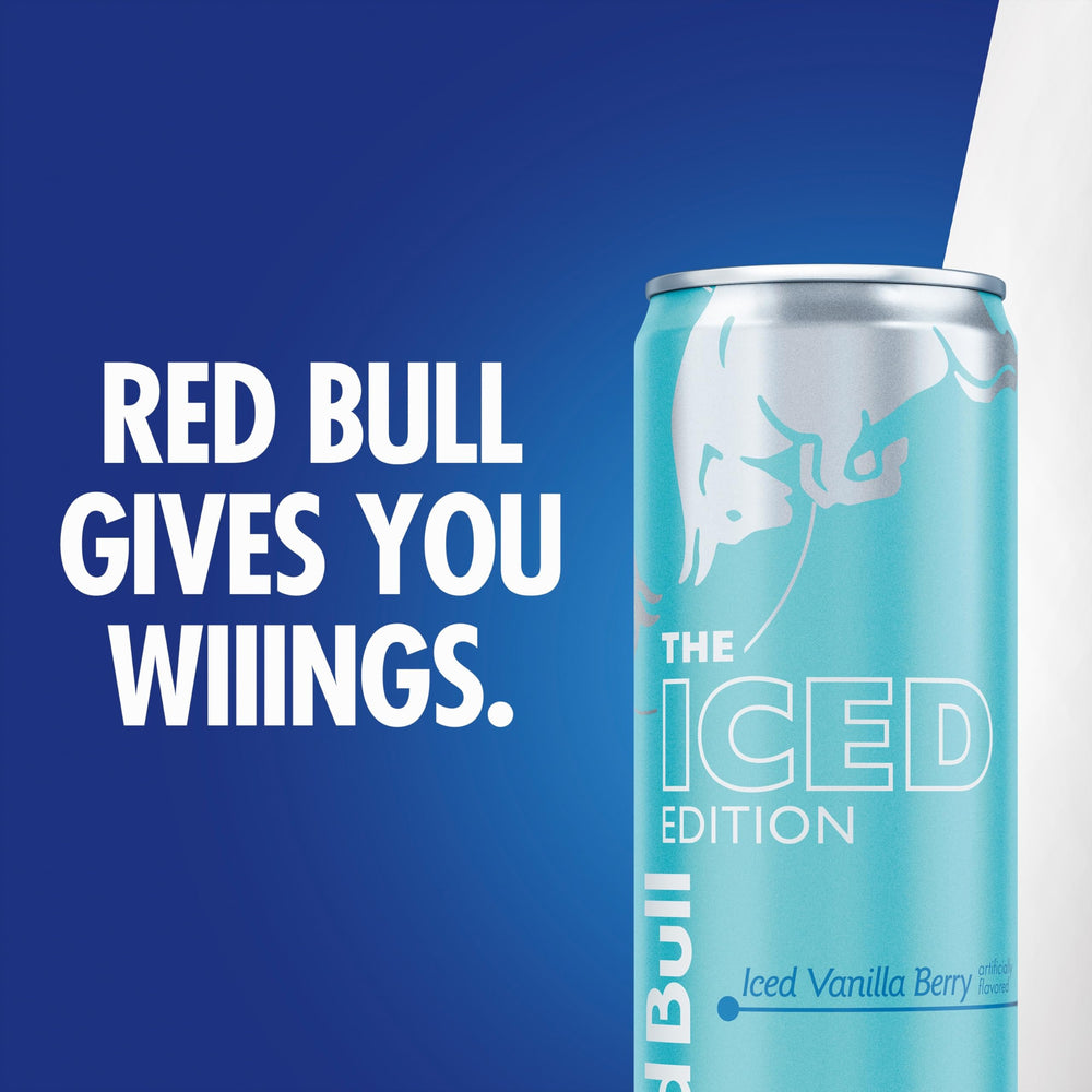 Red Bull label closeup highlighting caffeine content