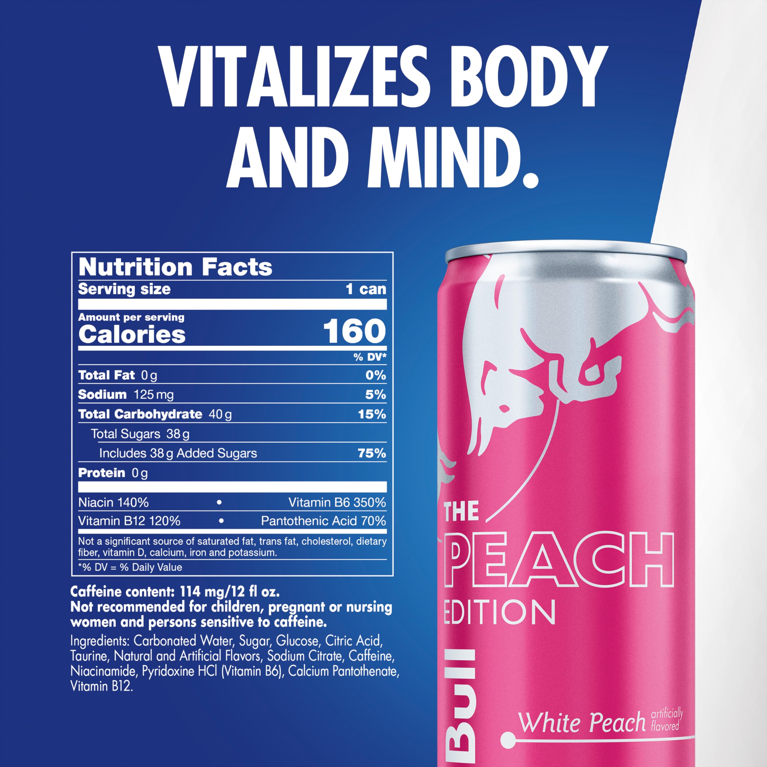 Red Bull Peach Edition side view shows portable energy for study sessions