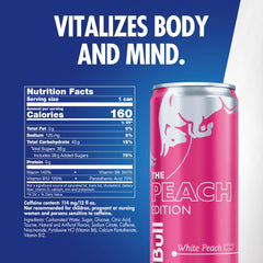 Red Bull Peach Edition side view shows portable energy for study sessions