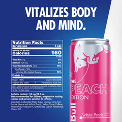 Red Bull Peach Edition can side view, ideal for study sessions and sustained focus.