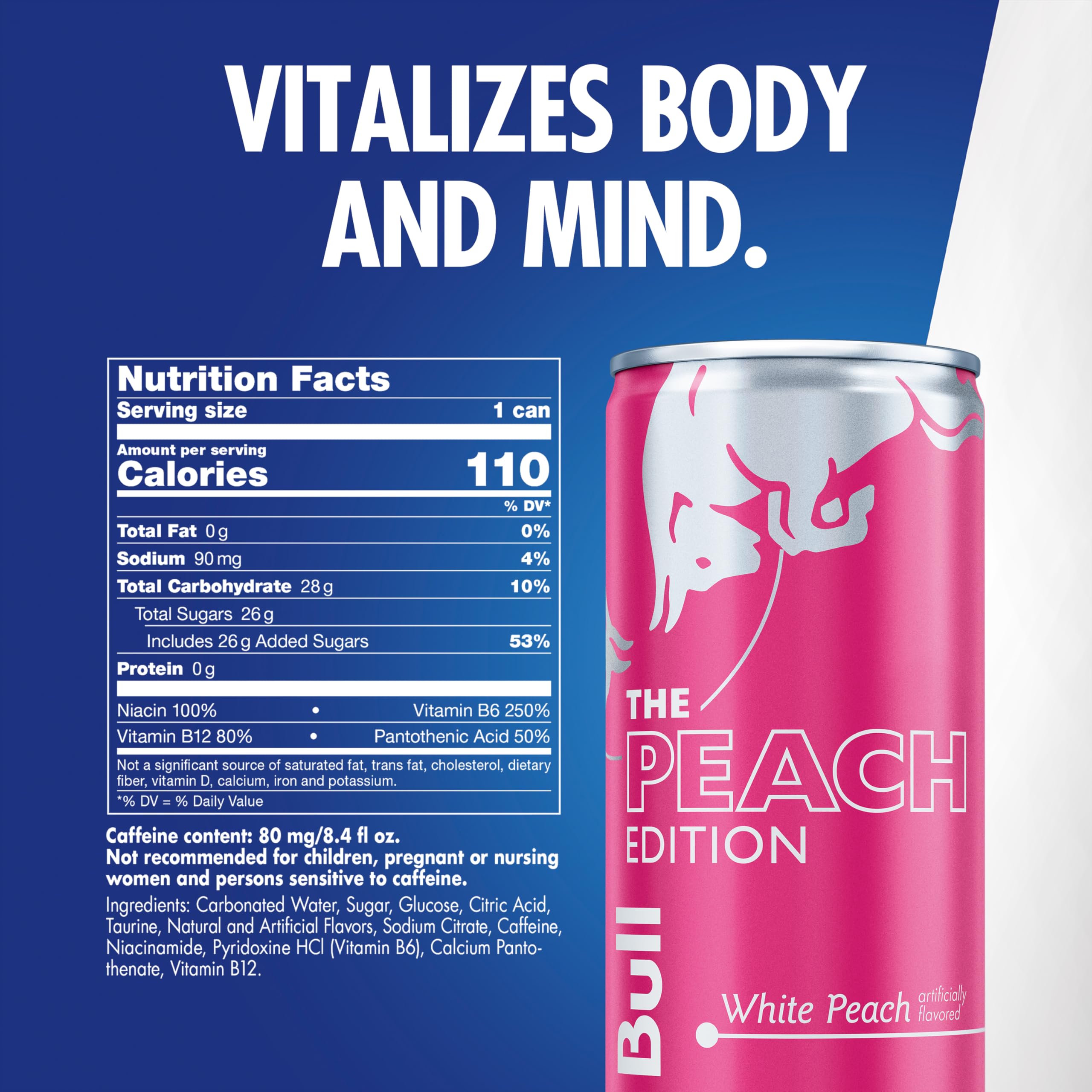 Close-up of Red Bull Peach Edition can showing 80 mg caffeine for alertness.