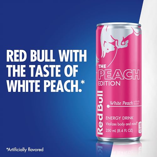 Close-up label of Red Bull Peach Edition with nutrition and vitamins.