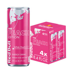 Red Bull Peach Edition can with white peach flavor for a refreshing energy lift.