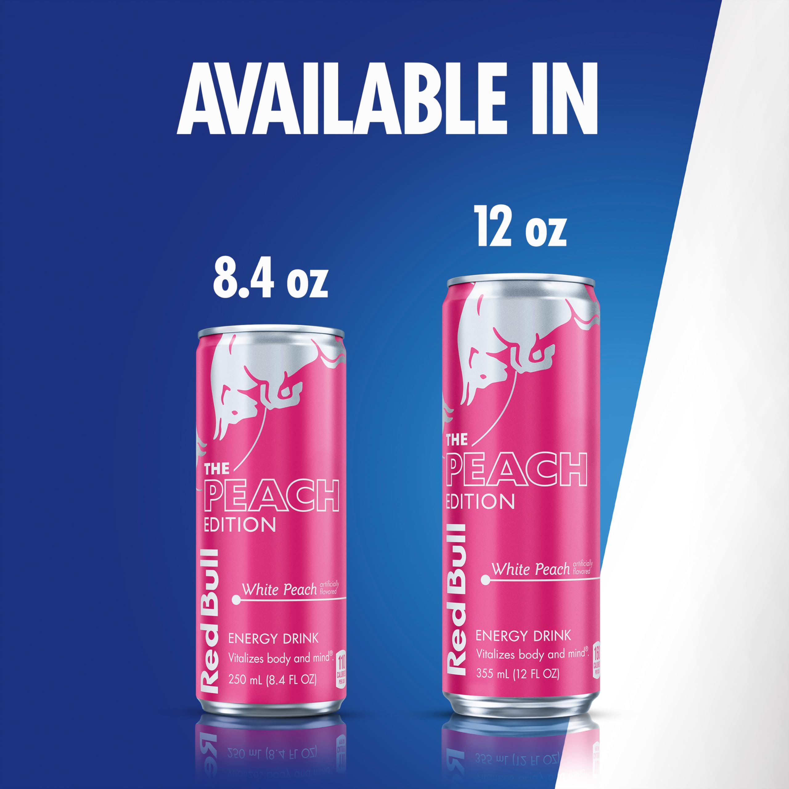 Red Bull Peach Edition label detail shows caffeine and vitamins