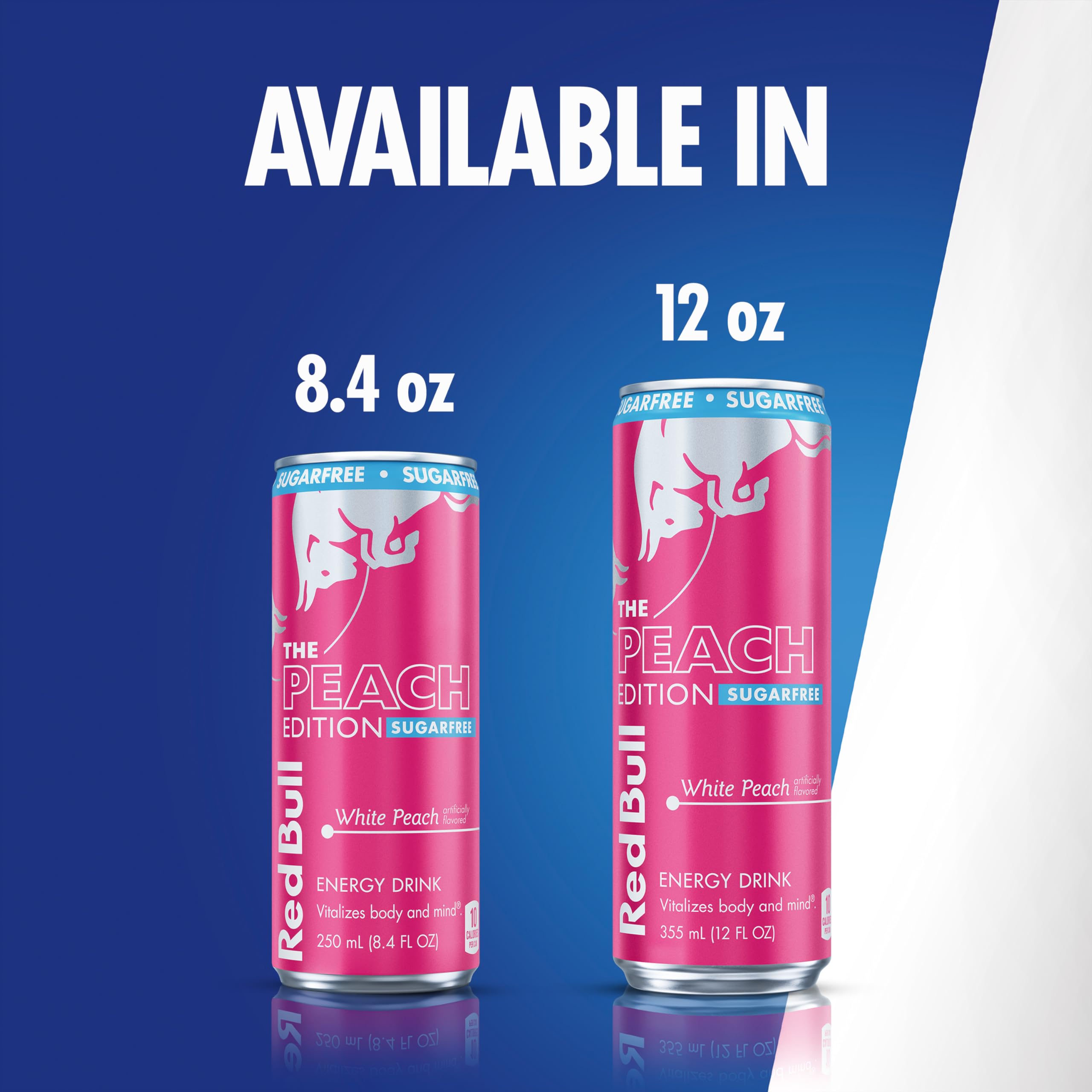 Red Bull Peach Edition Sugarfree 4-pack on display for on-the-go energy.