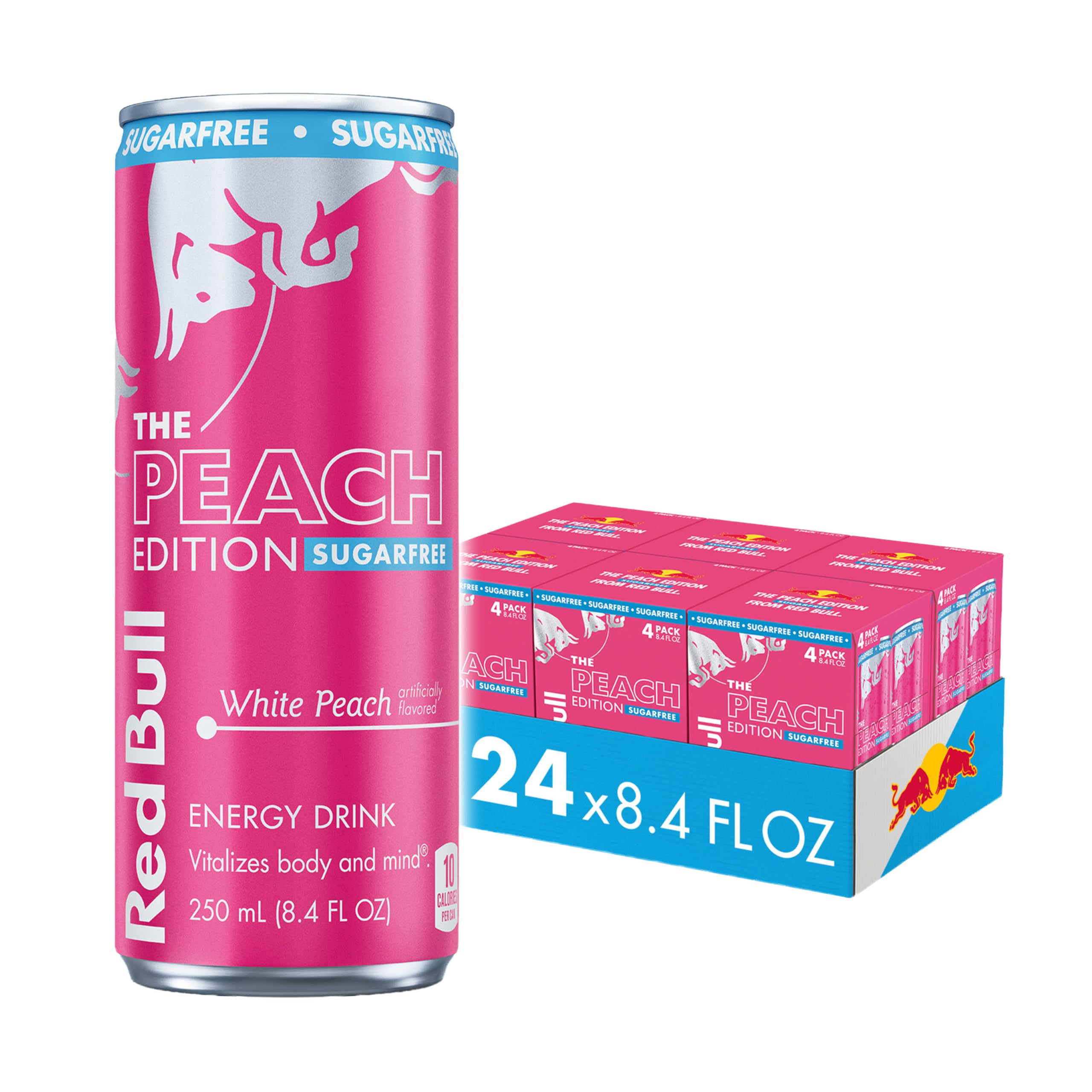 Red Bull Peach Edition Sugarfree can closeup showing peach label for quick energy