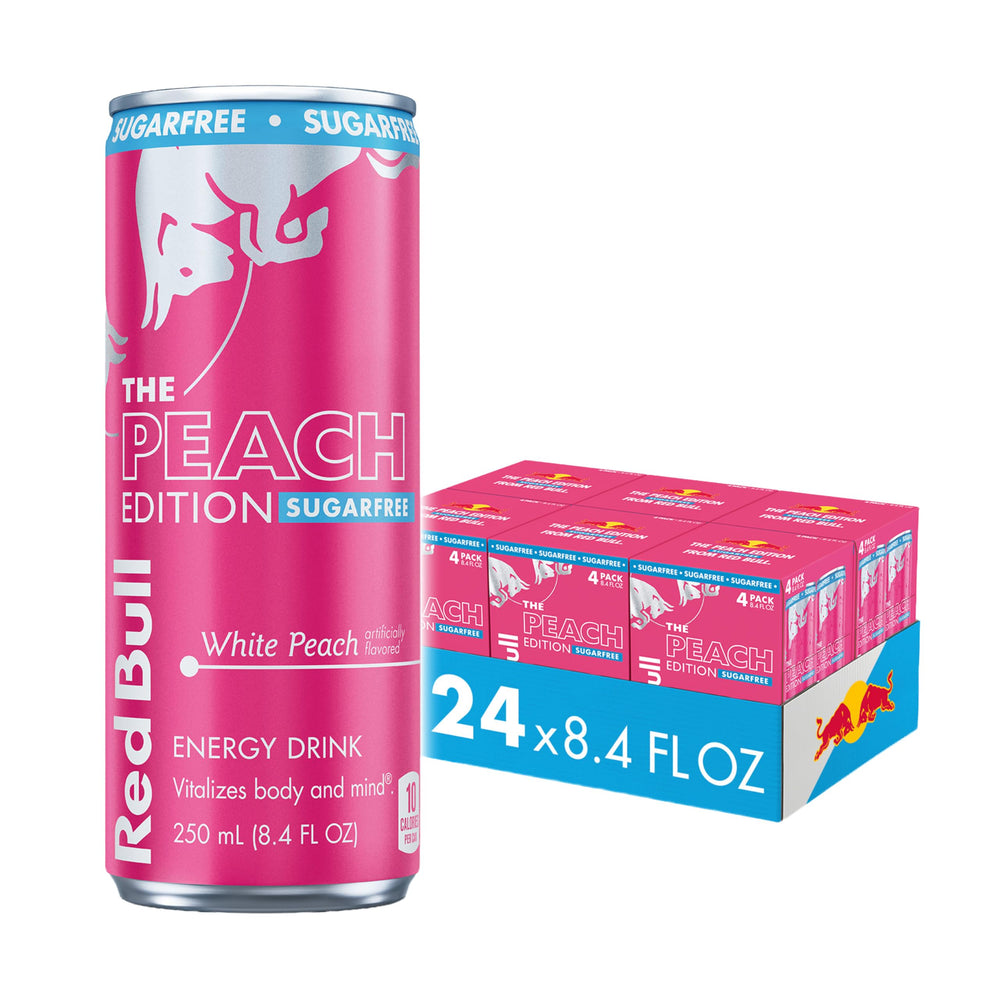 Red Bull Peach Edition Sugarfree can closeup showing peach label for quick energy