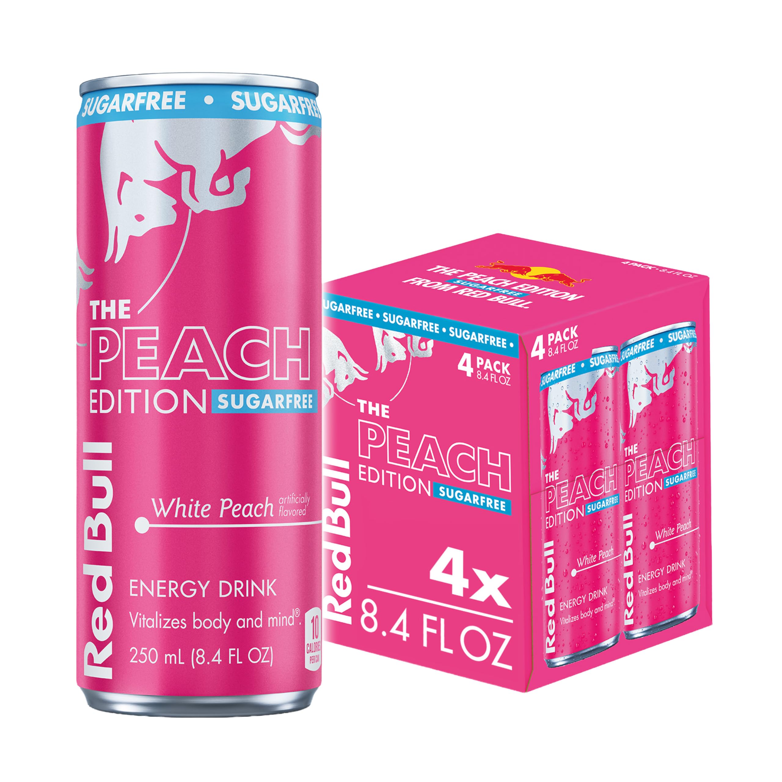 Red Bull Peach Edition Sugarfree can front view energized for workouts.