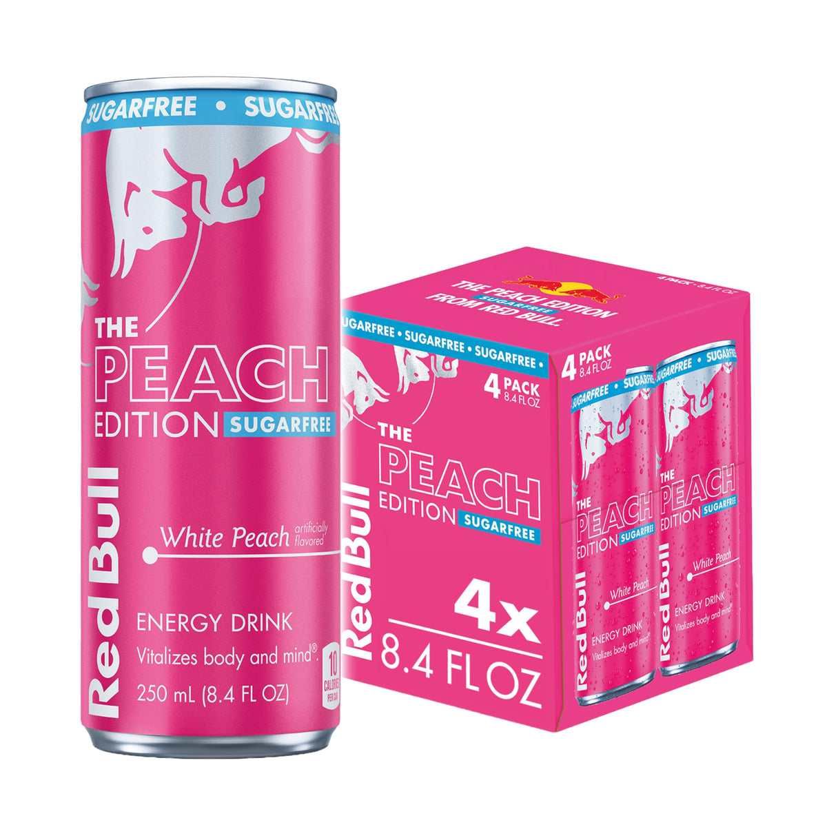 Red Bull Peach Edition Sugarfree can front view energized for workouts.
