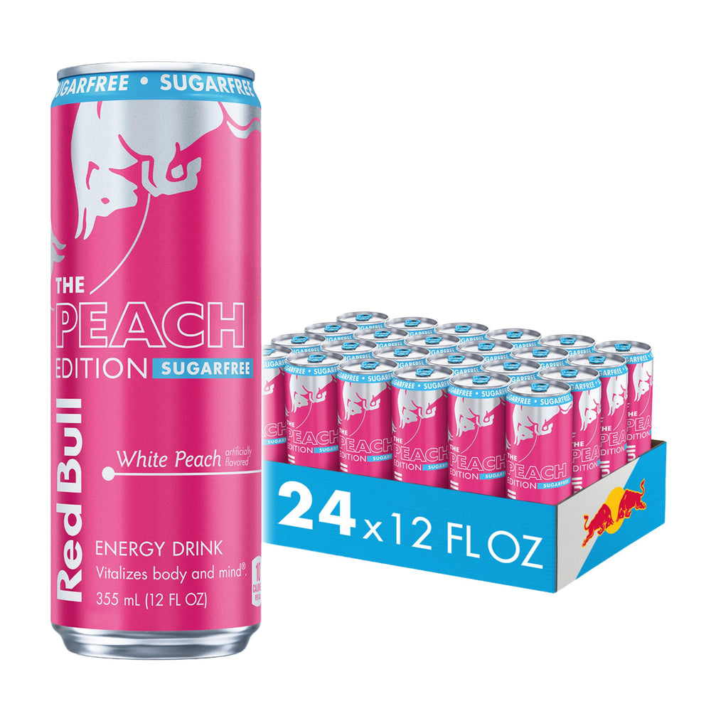 Red Bull Peach Edition Sugarfree can front view for a quick energy boost.