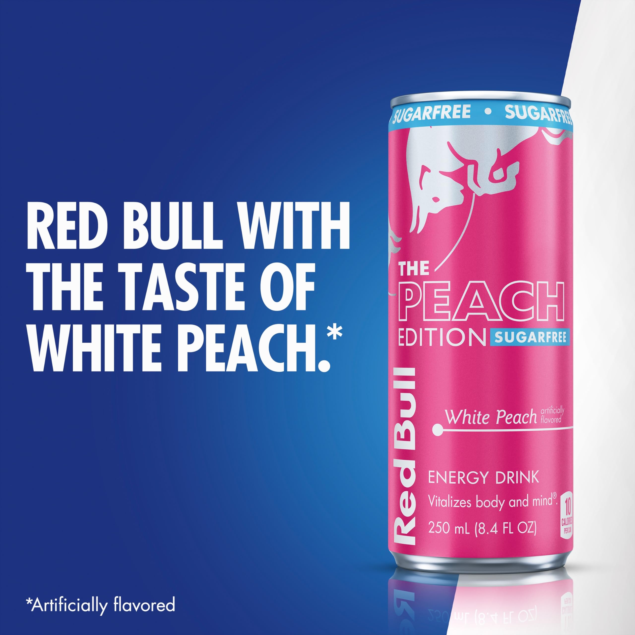 Red Bull Peach Edition Sugarfree can in cooler suggests quick refreshment