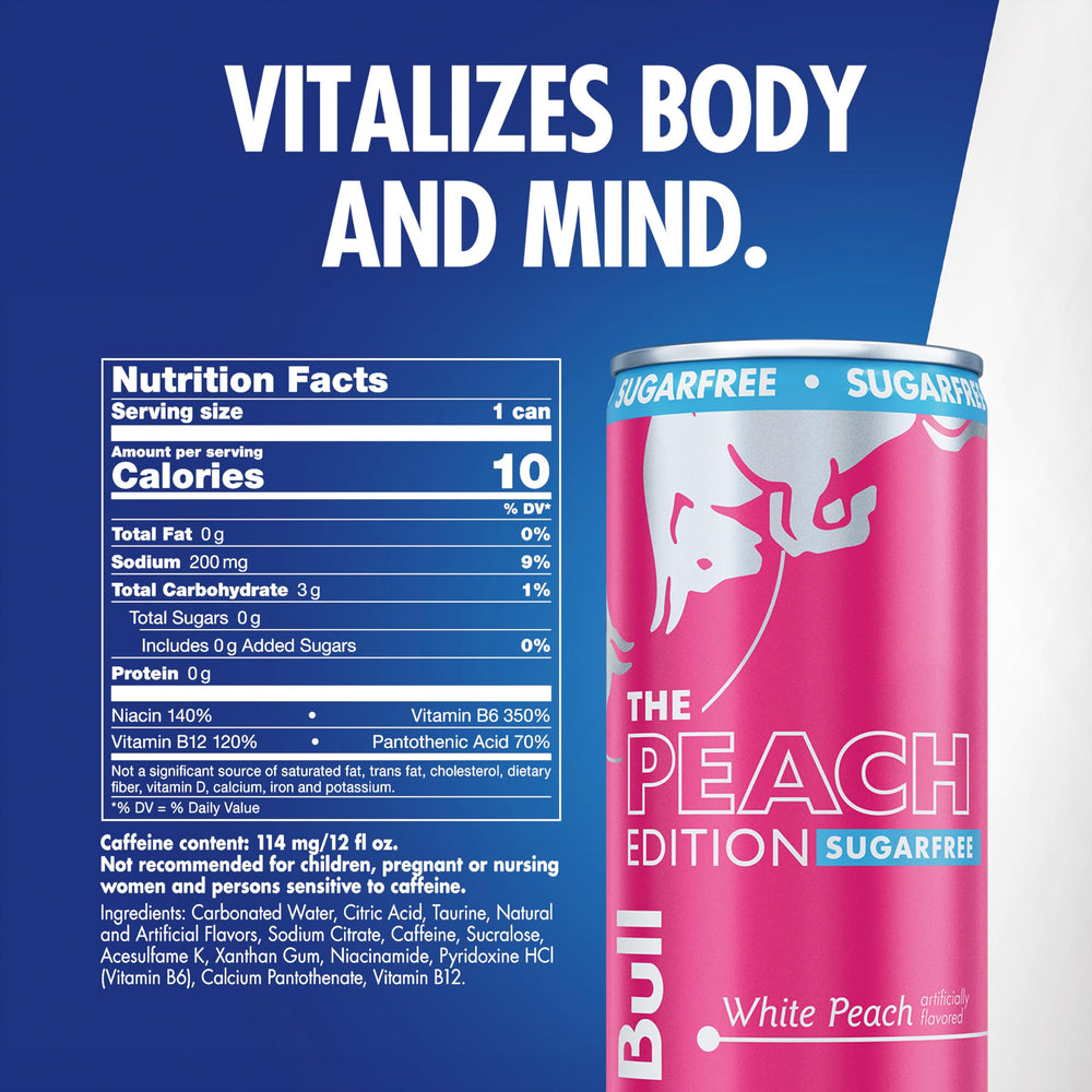 Red Bull Peach Edition Sugarfree can side view for on-the-go refreshment.