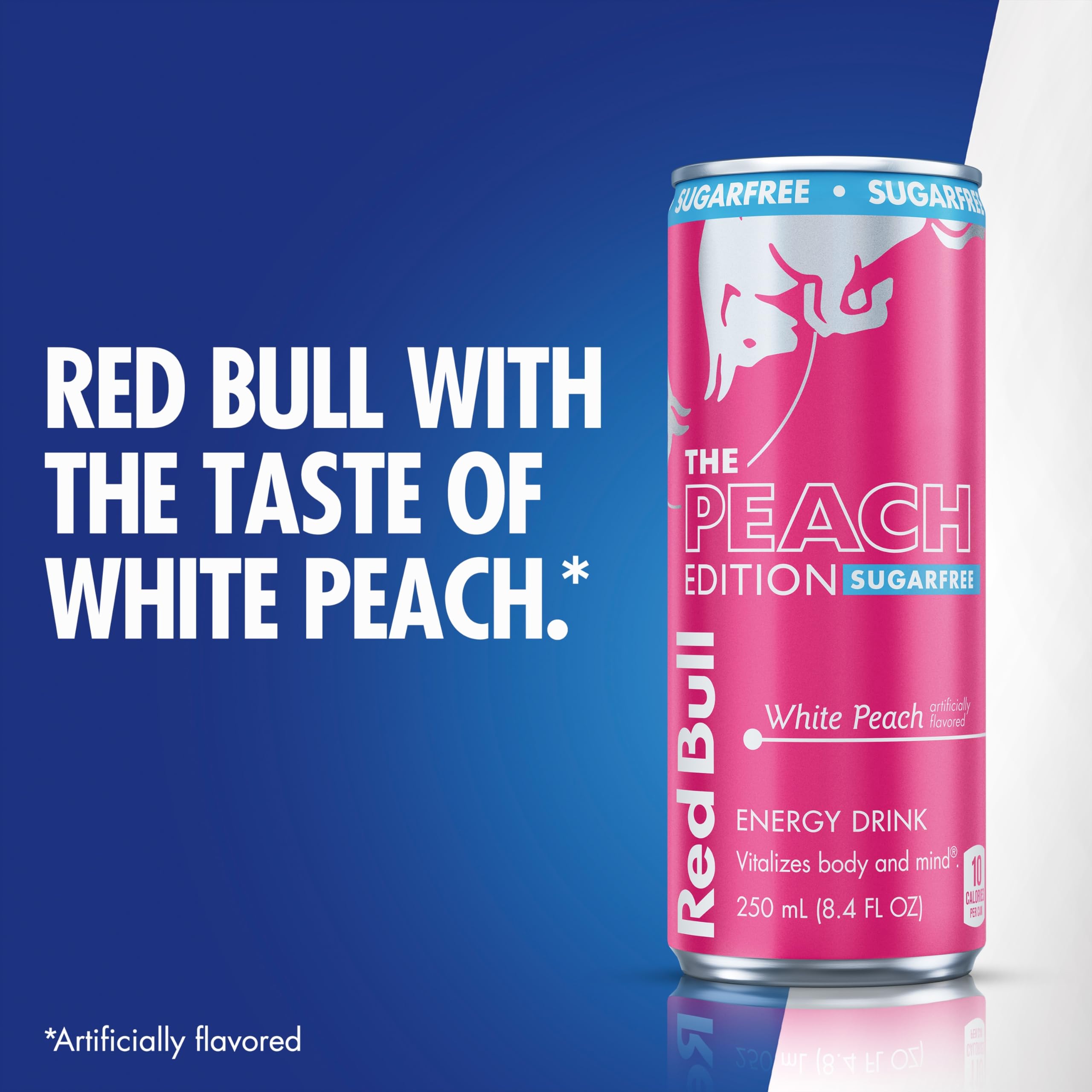 Red Bull Peach Edition Sugarfree recyclable aluminum can highlights sustainability.