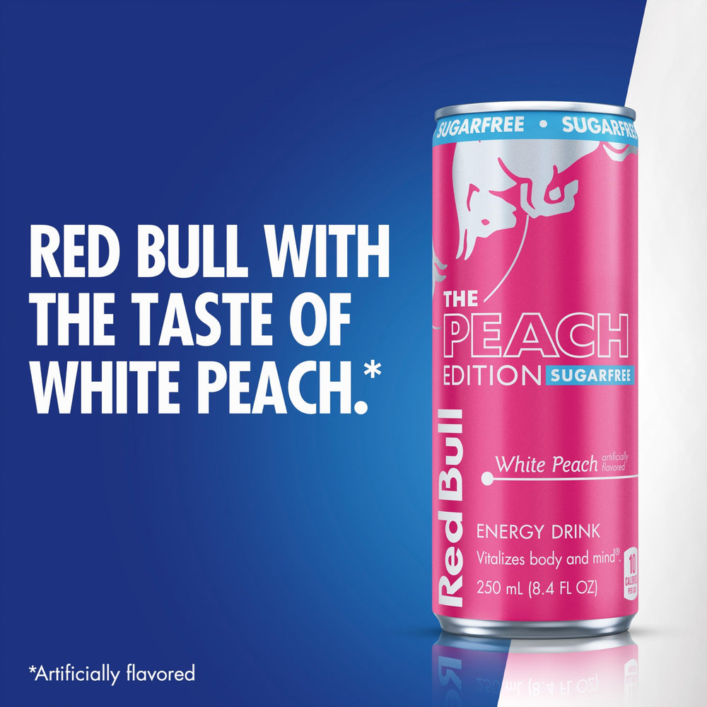 Red Bull Peach Edition Sugarfree recyclable aluminum can highlights sustainability.
