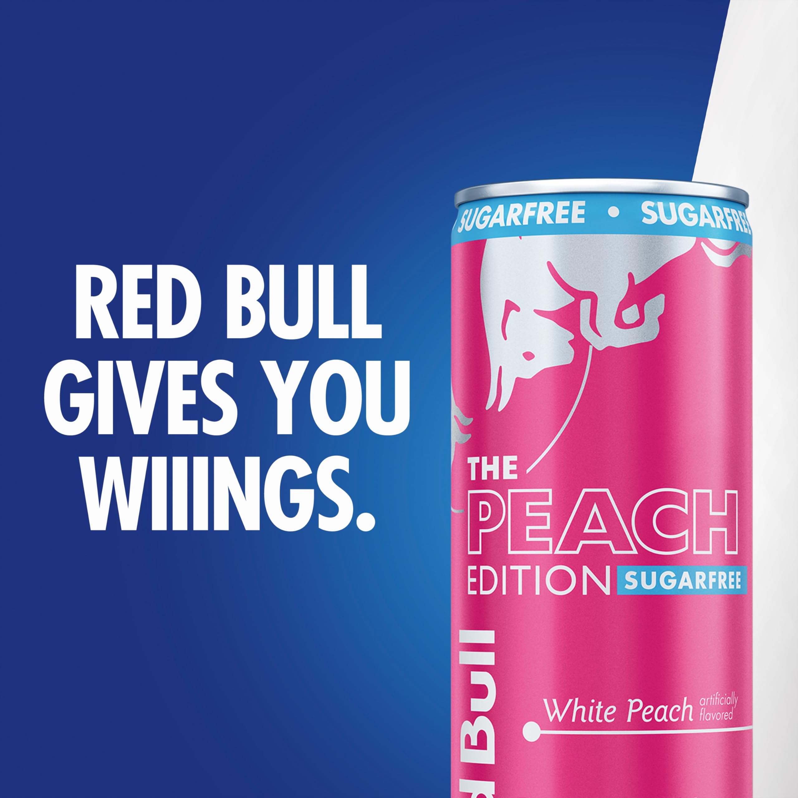 Red Bull Peach Edition Sugarfree can with recycling symbol emphasizing sustainability.