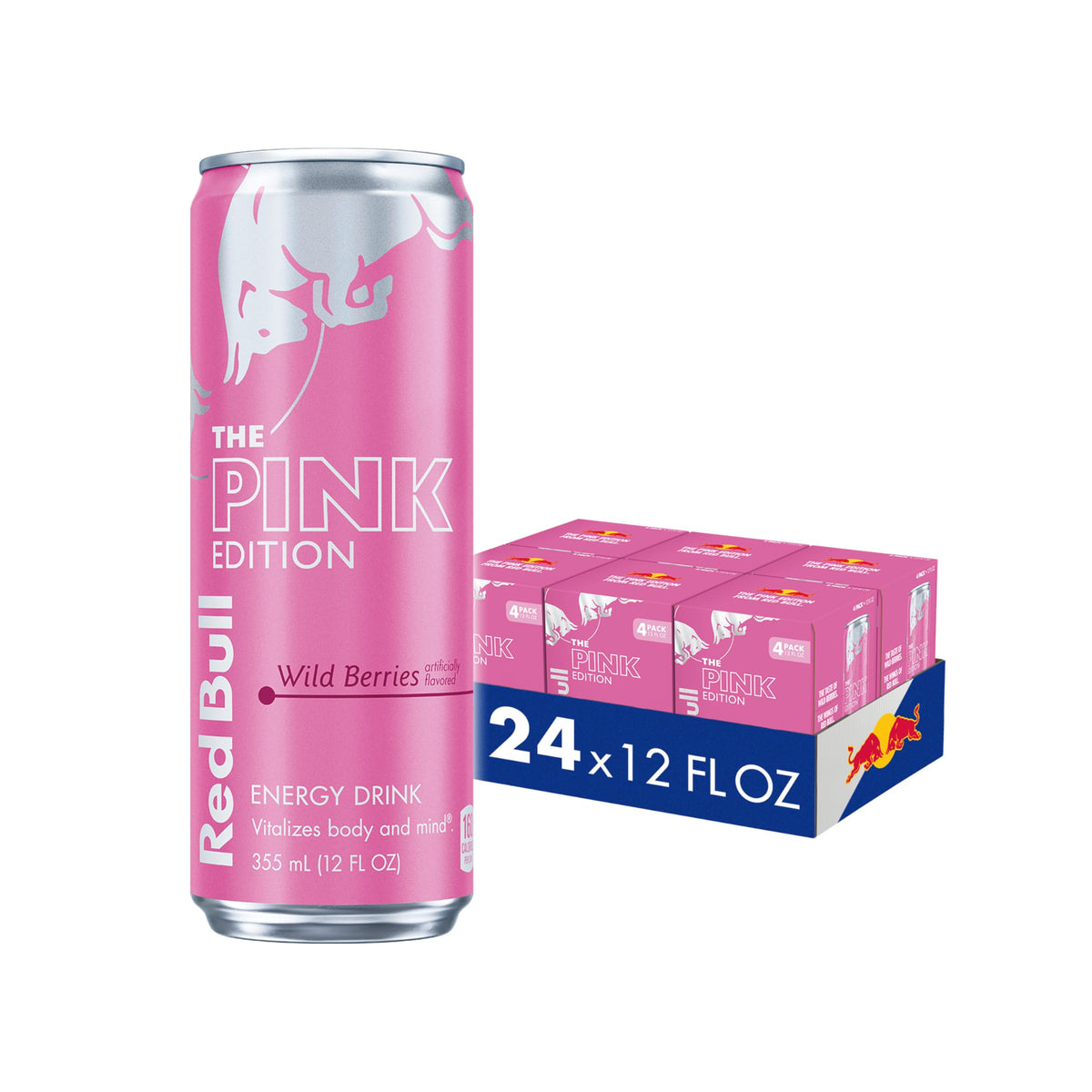 Red Bull Pink Edition Wild Berries can on desk, energizing for workouts.