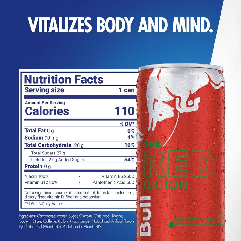 Red Bull Red Edition Watermelon can close-up showing caffeine boost for workouts.