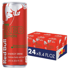Red Bull Red Edition Watermelon can on a desk, ideal for focused study boosts.