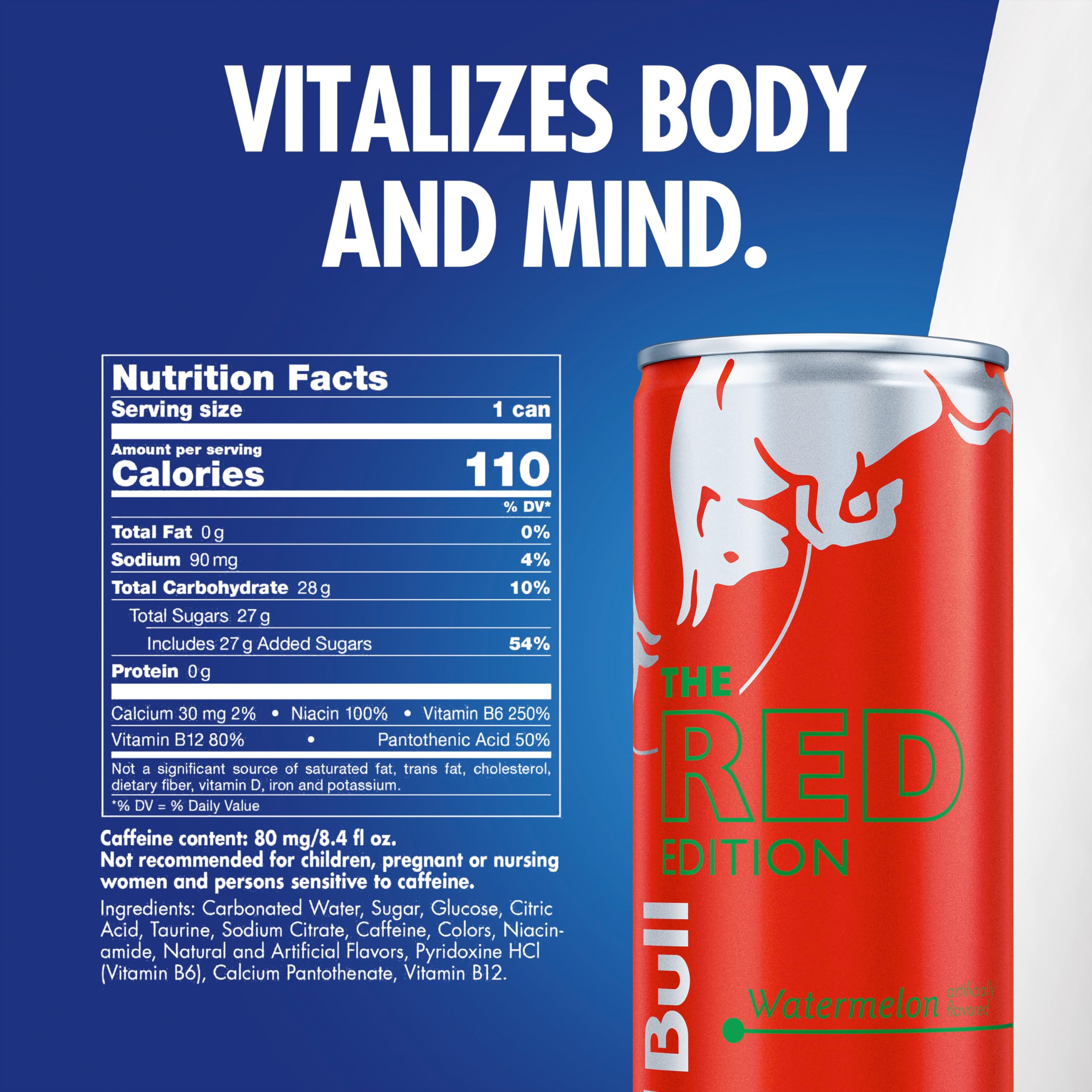 Chilled Red Bull Red Edition Watermelon energy drink can with ice for refreshment.