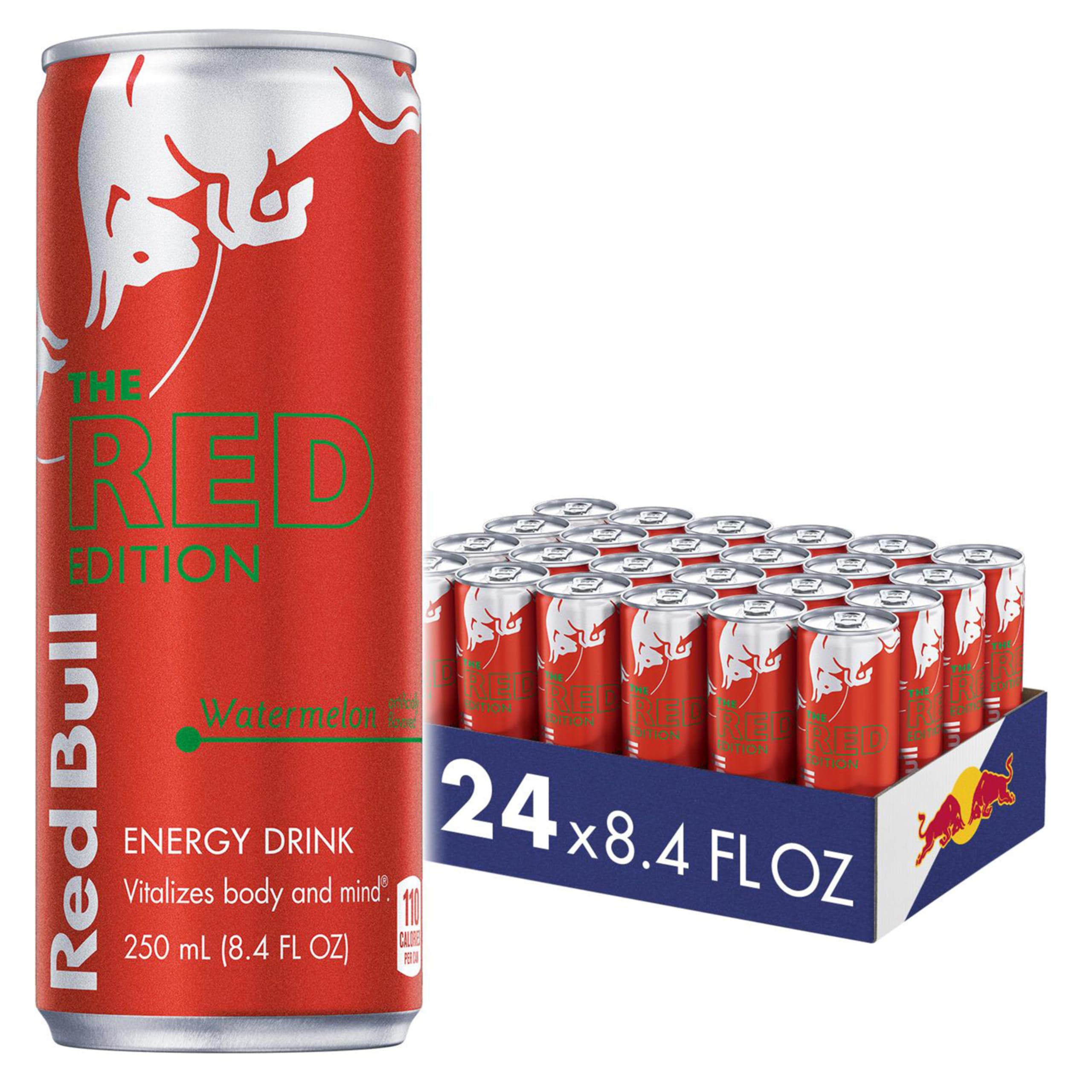 Red Bull Red Edition Watermelon energy drink can on a desk for quick focus boost.